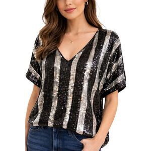 Joseph Le Bon Silk Sequin Top VTG Black Silver Pullover New Years Eve Party S